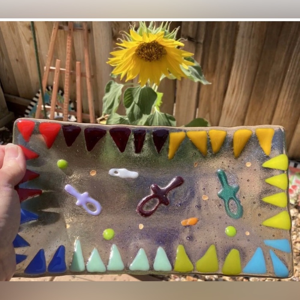 Ancient Symbols “ Fused Art Glass  Handmade 10”x5” Art Rectangular Tray